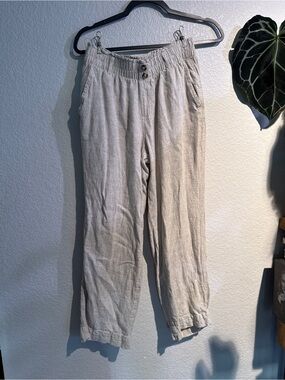 Casual Light Beige Linen-Blend Flowy Pants